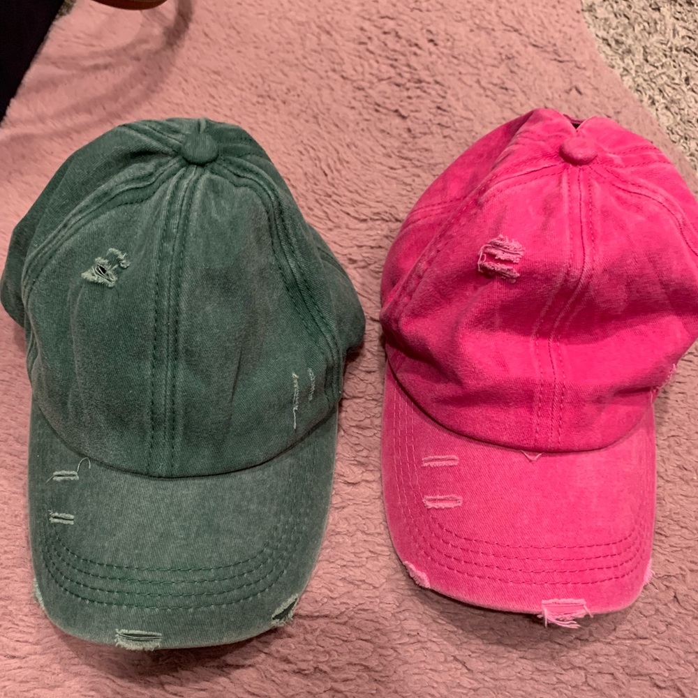 Green & Pink Distressed Hats (NWOT)
